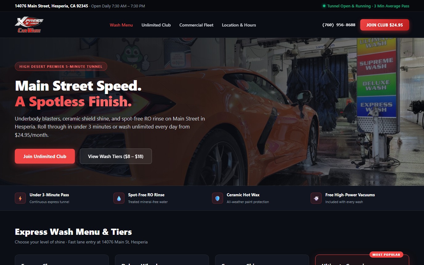 Proposed homepage preview for Xpress Car Wash
